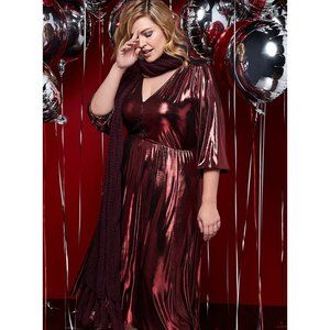 TORRID NWT 1X Red Liquid Knit Shimmery Elastic Cuff Tea Length Dress w/ Slip